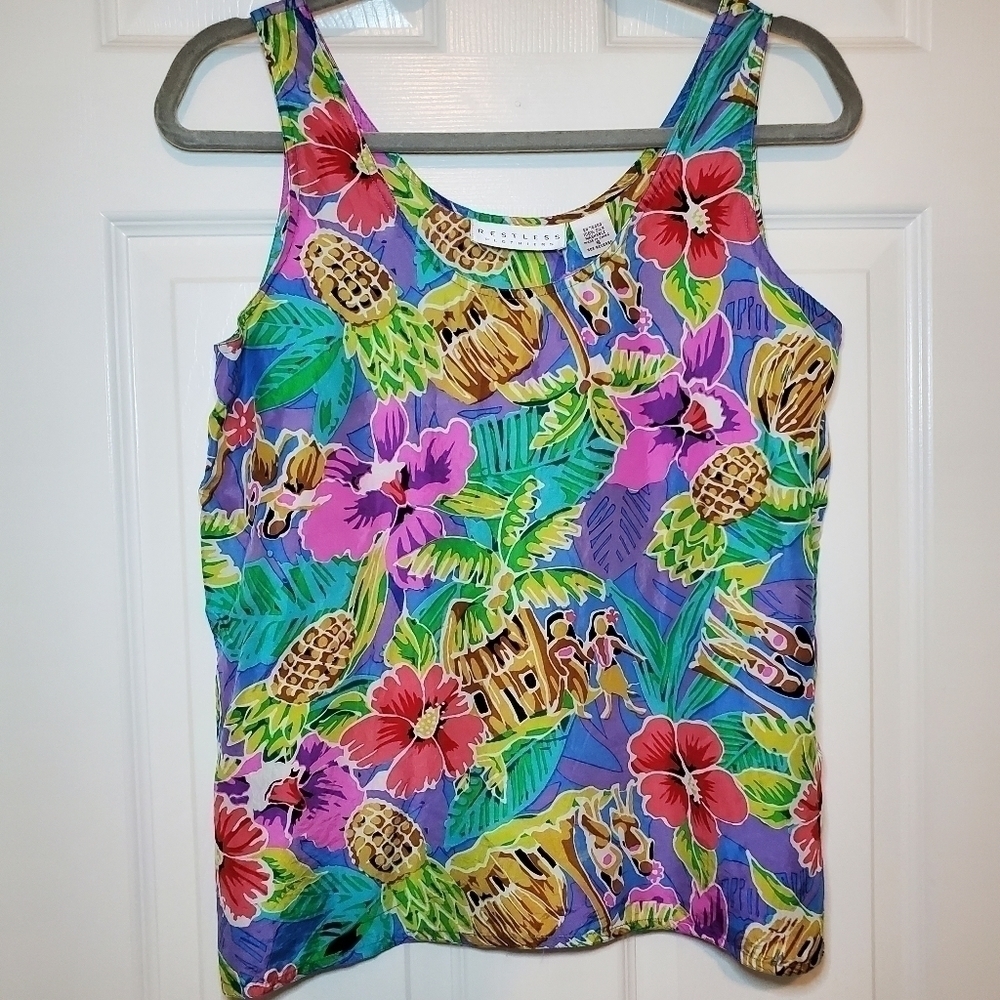 Vintage Restless Clothiers 100% Silk Hawaiian Top Sz S